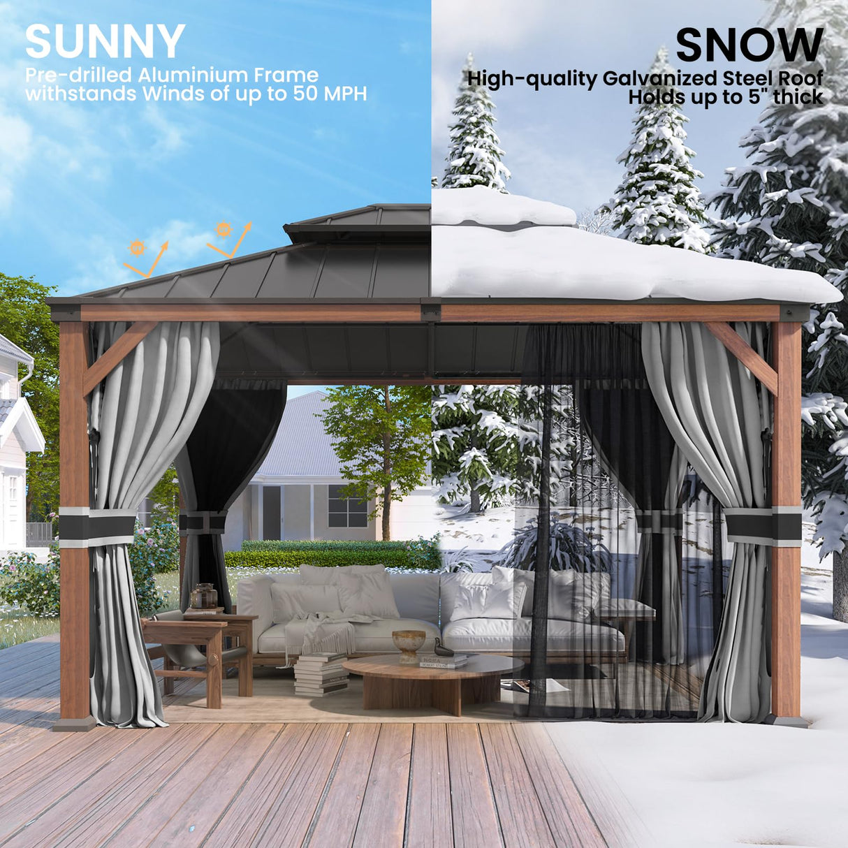 Amopatio 12' X 16' Wood Gazebo, Hardtop Gazebos with Galvanized Steel Double Roof, Metal Outdoor Permanent Aluminum Gazebo for Patio Deck Backyard Amopatio