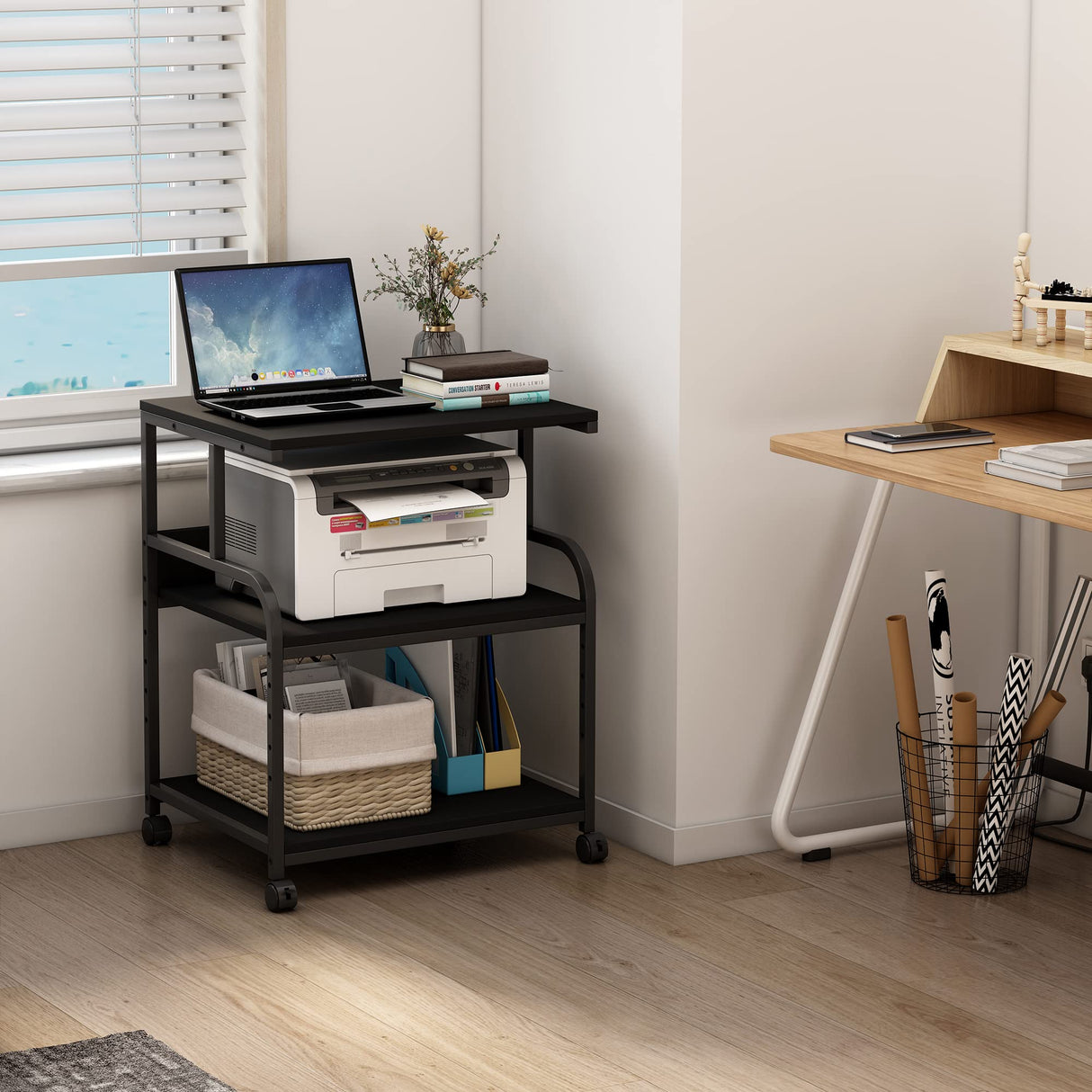 Fannova Printer Stand, 23.6 x18.9 x 29.5 Inches Large Printer Table with Adjustable Storage Shelf, 3 Tier Rolling Printer Cart with Wheels for Home Office, Stand for Heat Press Mini Fridge, Black Fannova