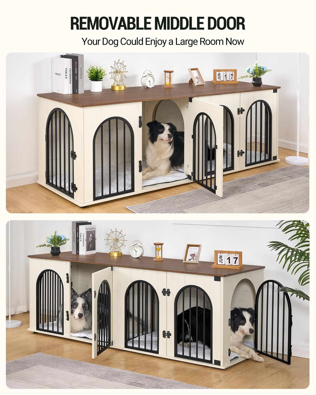 Hzuaneri Dog Crate Furniture, 71" Heavy Duty Dog Kennels with Divider, Pads, Side Table, TV Cabinet, Wooden Dog Crate Furniture for 2 Dogs, Small/Medium/Large Dog, Anti-Chew, White Brown Hzuaneri