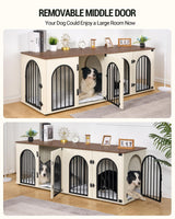 Hzuaneri Dog Crate Furniture, 71" Heavy Duty Dog Kennels with Divider, Pads, Side Table, TV Cabinet, Wooden Dog Crate Furniture for 2 Dogs, Small/Medium/Large Dog, Anti-Chew, White Brown Hzuaneri