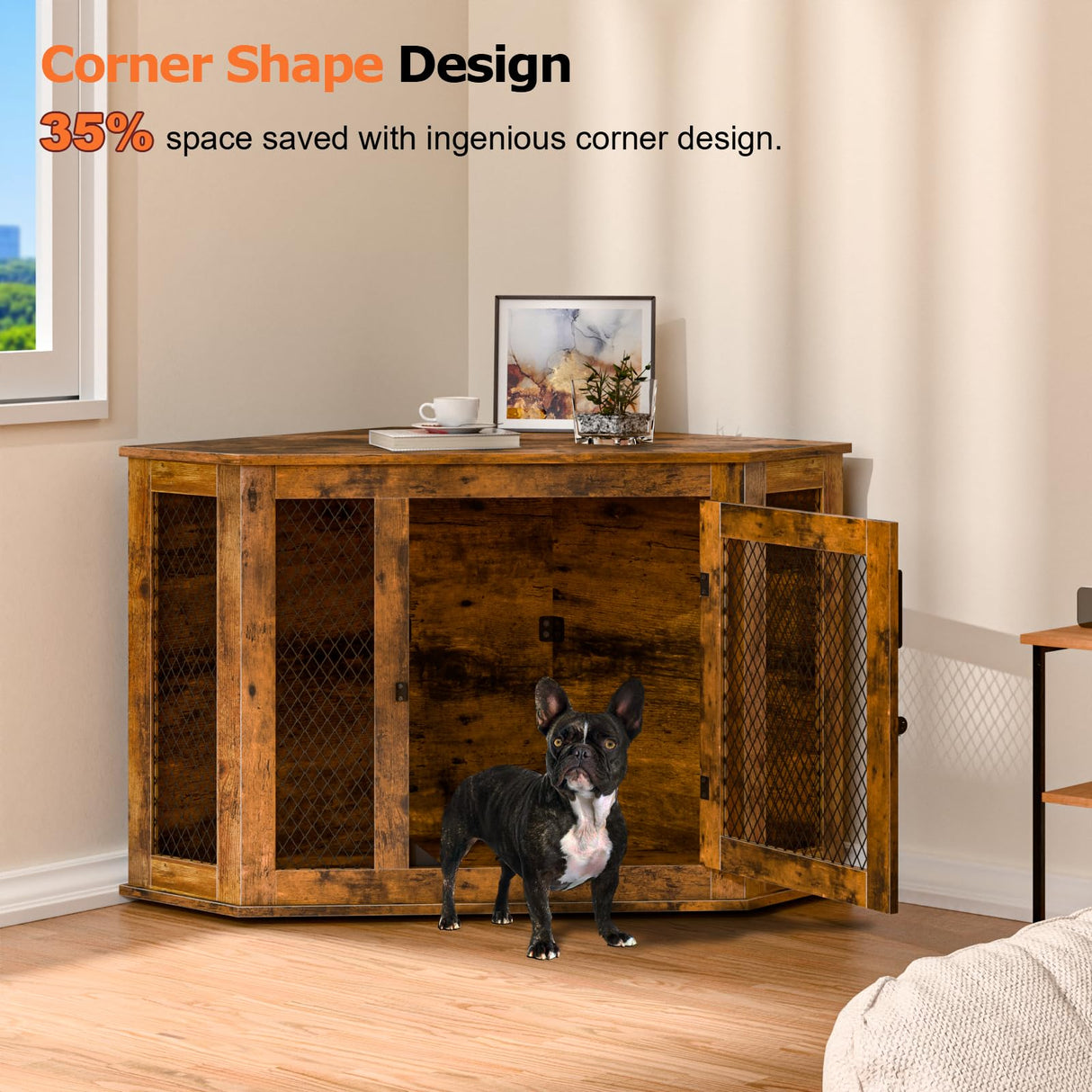 VENDORZ Corner Dog Crate Furniture, 44" Wooden Dog Kennel Furniture End Table with Mesh, Dog Kennel Indoor Furniture for Small Medium Dogs, Modern Decorative Wood Pet House Dog Cage Crate, Brown VENDORZ