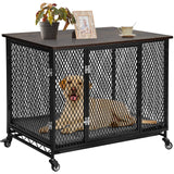 Aivituvin Dog Crate Furniture Movable Side End Table Indoor Dog Kennel for Small Medium Large Dogs Double-Doors Wooden Dog House with Cushion, Tray, Wire Floor(38.6") Aivituvin