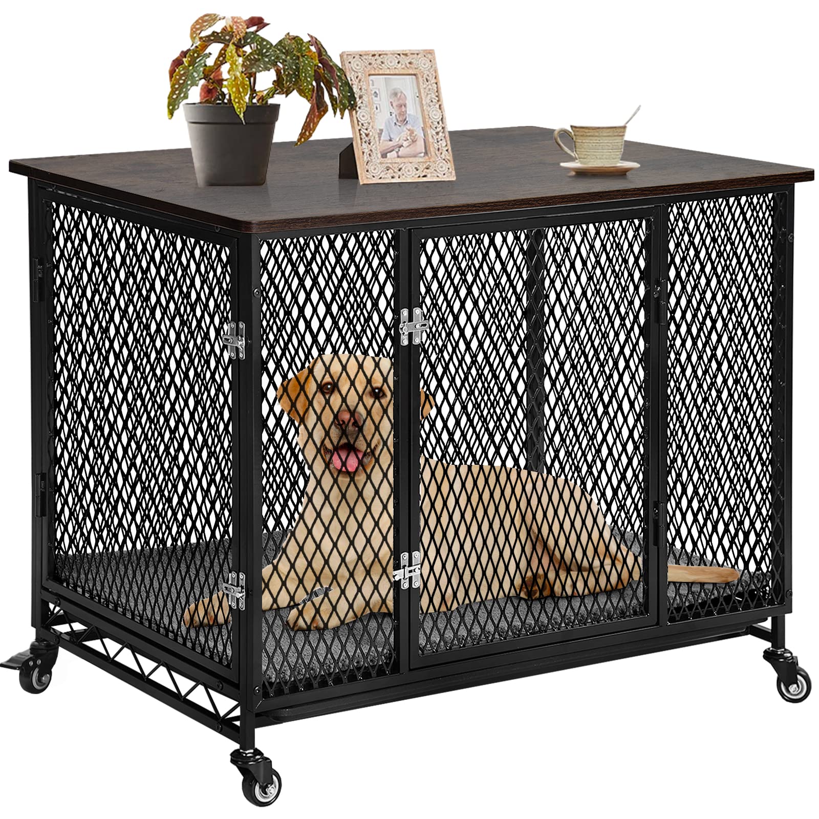 Aivituvin Dog Crate Furniture Movable Side End Table Indoor Dog Kennel for Small Medium Large Dogs Double-Doors Wooden Dog House with Cushion, Tray, Wire Floor(38.6") - WoodArtSupply