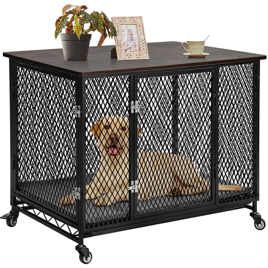 Aivituvin Dog Crate Furniture Movable Side End Table Indoor Dog Kennel for Small Medium Large Dogs Double-Doors Wooden Dog House with Cushion, Tray, Wire Floor(38.6")