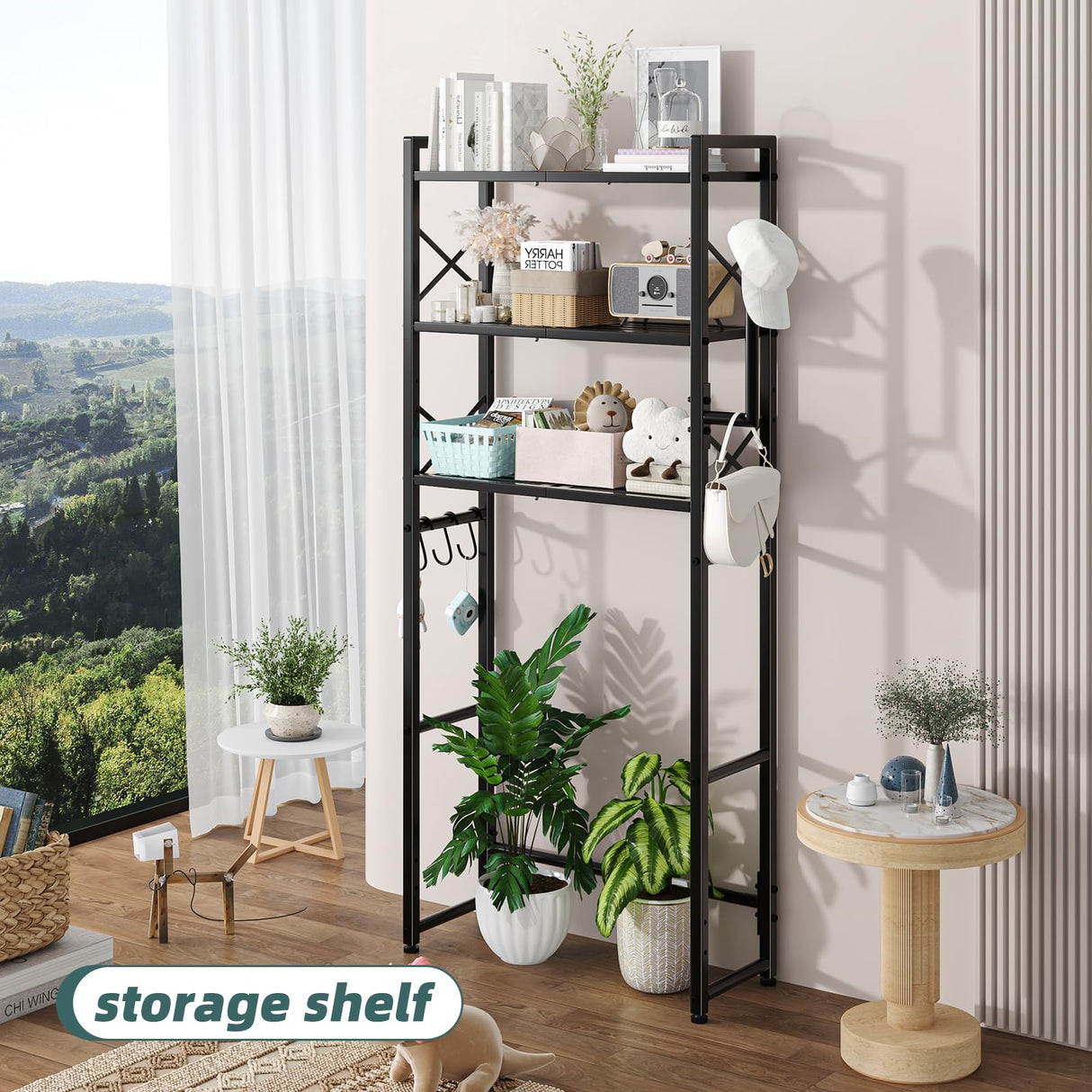 Simple Trending Over The Toilet Storage Rack with Toilet Paper Holder, Heavy Duty Metal 3 Tier Bathroom Organizer Shelf with 3 Hooks,Black Simple Trending