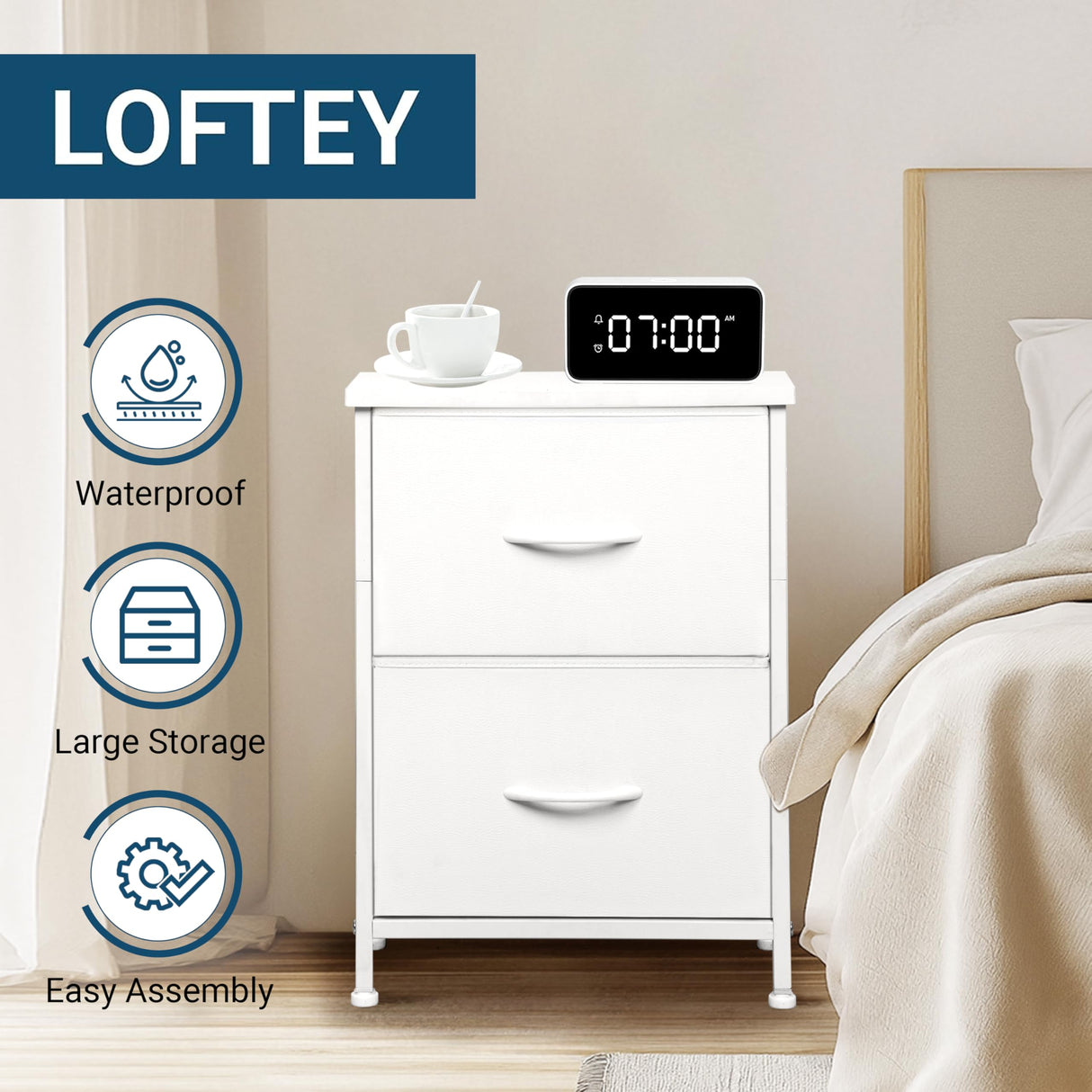 LOFTEY White Nightstand, Bedside Table with 2 Drawers, Small Kids Night Stand for Bedroom, Bed Side Table with Storage, 15.7" L x 11.8" W x 21" H LOFTEY