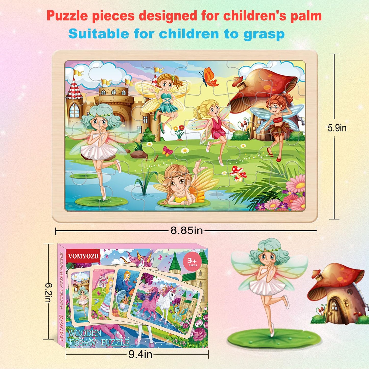 Wooden Puzzles for Kids Ages 4-6, 4 Packs 24 PCs Unicorn Mermaid Princess Fairy Jigsaw Puzzles, Preschool Educational Brain Teaser Toys for Girls 3 4 5 6 Years Old.