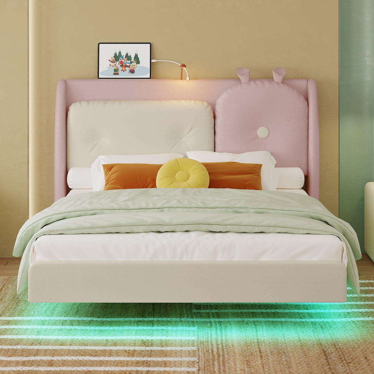 LIKIMIO Full Floating Bed Frame, Platform Bed Frame with Leather Upholstered Headboard,LED Light & Charging Station, Solid Wood Slats Support, No Box Spring Needed, Pink LIKIMIO