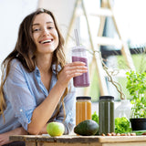 [ 8 Pack ] Glass Juicing Bottles with 2 Straws & 2 Lids w Hole- 16 OZ Travel Drinking Jars, Water Cups with Black Airtight Lids, Reusable Tall Mason Jar for Juice, Bubble Tea, Smoothie, Tea, Kombucha AOZITA