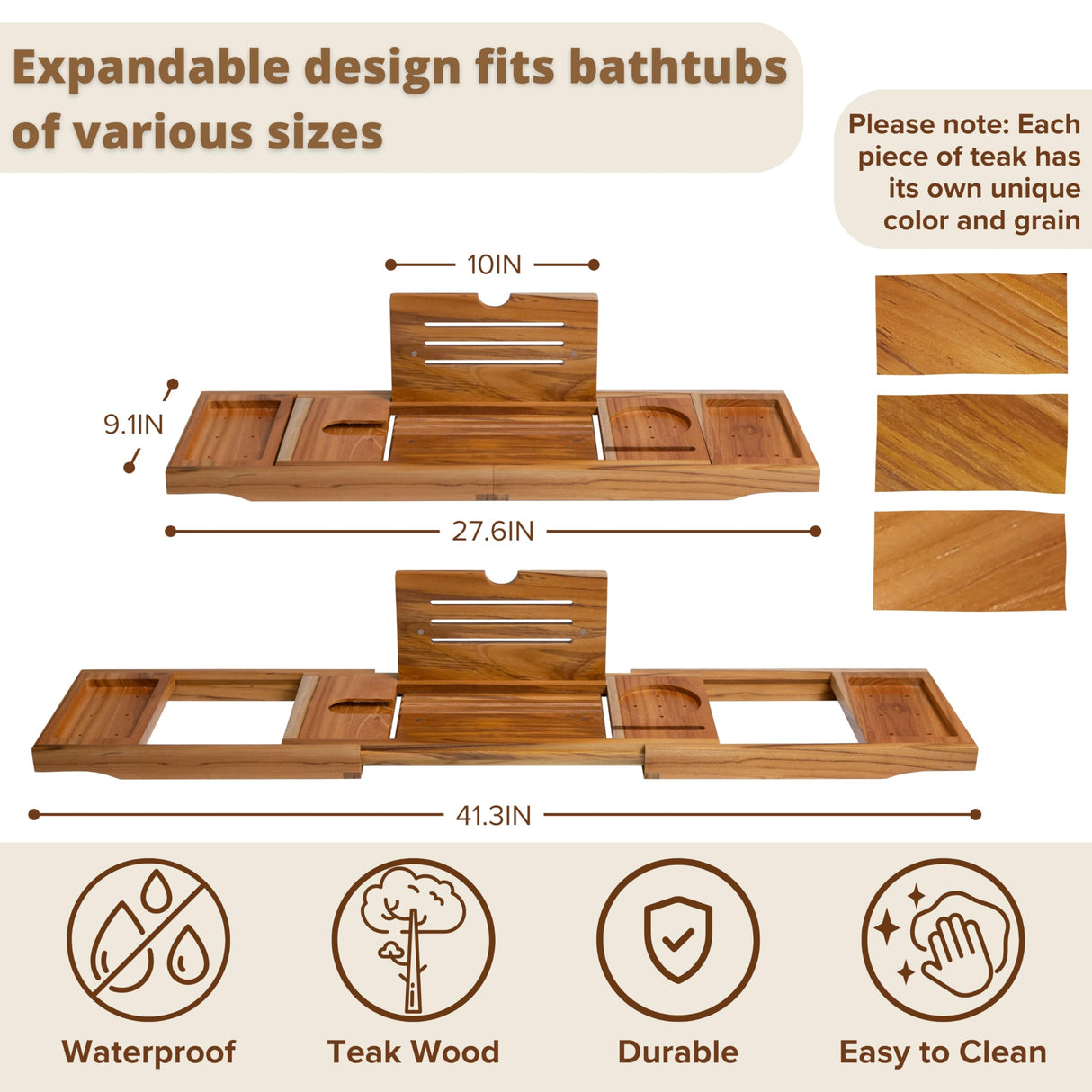 TEAKAURA Teak Bathtub Tray, Bathtub Caddy, Expandable Bath Tub Tray Wood, Bath Table Tray&Bathtub Shelf, Luxury Bathtub & Bathroom Accessories and Organizer, House Warming&Wedding Gifts(Large) TEAKAURA