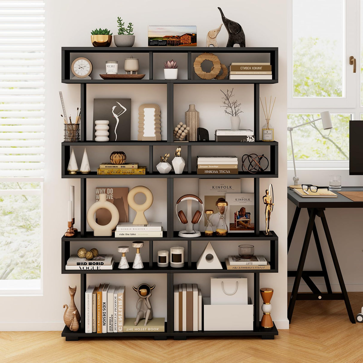 Tangkula 6-Tier S Shaped Bookcase, 64" Tall Modern Geometric Bookshelf with Anti-Tipping Kit, Home Office Freestanding Decorative Storage Display Shelf Room Divider for Living Room Study (1, Black) Tangkula