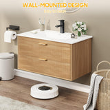 Vabches 30 Inch Bathroom Vanity with Sink, Floating Bathroom Vanity with 2 Storage Darwers, Wood Grain Wall Mounted Vanity with Storage, Bathroom Floating Vanity with Sink, Faucet, Drain Vabches