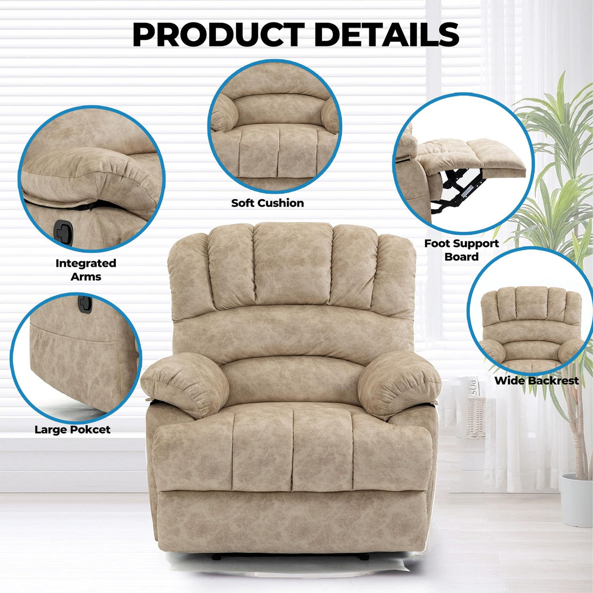 Modern Manual Recliner Chair for Adults,Lazy Boy Recliner Chair, Oversized Single Sofa with Footrest&Adjustable Backrest,Pockets,Fabric (Beige) HRVEOCEI
