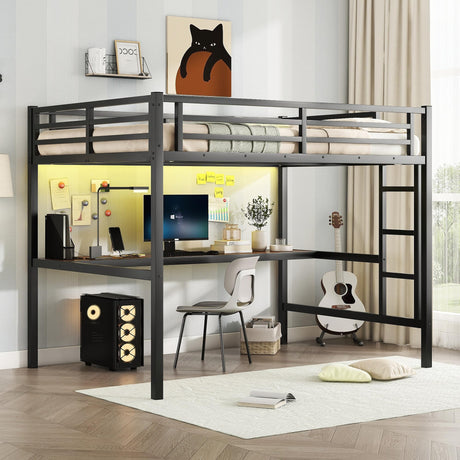 Metal Full Size Loft Bed with Desk and Charging Station,Heavy Duty Loft Bed Frame with LED Lights and USB for Kids,Teens,Adults,Full Size,Black Bellemave