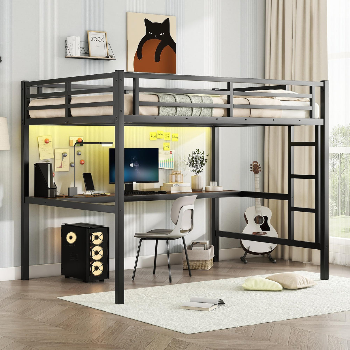 Metal Full Size Loft Bed with L-Shaped Desk, Loft Bed Full Size with Power Outlet and LED Lighted, Heavy Duty Metal High Loft Bedframe, Safety Guard & Ladder, Space-Saving, Noise Reduced, Black Janusline