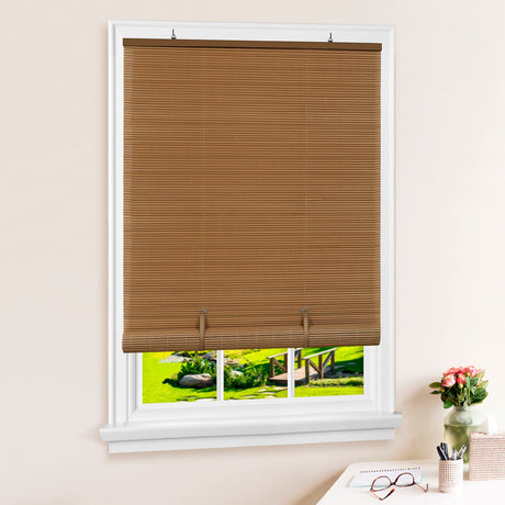 Cordless Solstice Vinyl Roll-Up Blind - 36 Inch Width, 72 Inch Length, Quarter Inch Vinyl Slats - Woodtone - Soft Light Filtering Horizontal Windows Blinds for Indoor & Ourdoor by Achim Home Decor Achim Home Furnishings