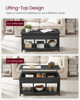 VASAGLE Lift Top Coffee Table, Lift Coffee Table with Storage Shelf, Hidden Compartments and Lifting Top, for Living Room, Office, 19.7 x 39.4 x (19.3-24.4) Inches, Black with Wood Grain ULCT202B22 VASAGLE