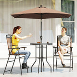 Outsunny 4 Piece Outdoor Bar Set with Umbrella, Patio Dining Set with 2 Folding Chairs, Wave Textured Tempered Glass Table for Backyard, Garden, Deck, Poolside, Brown Outsunny