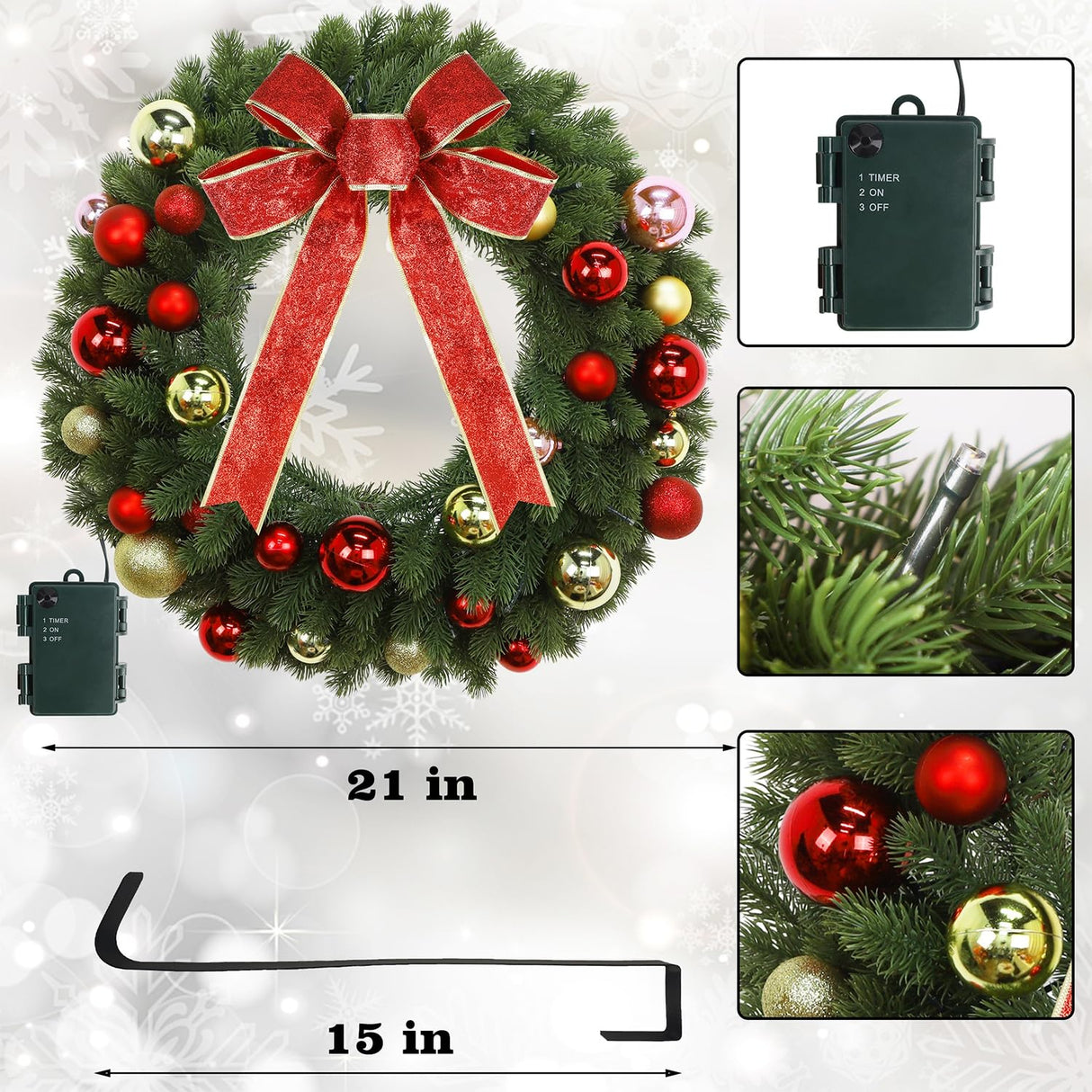 Juegoal 21 Inch Pre-Lit Christmas Wreath with Metal Hanger, Lighted Xmas Folded Wreath with 60 LED Lights, Red Bow and Colorful Balls, Battery Operated & Timer for Outdoor Home Window Wall Front Door Juegoal