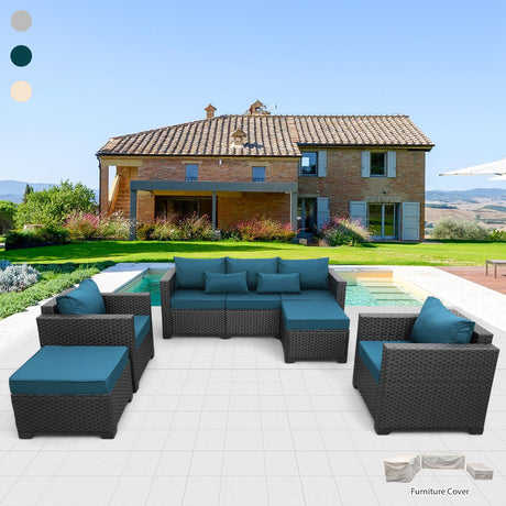 Rattaner Patio Furniture Set 5-Piece Outdoor Furniture Sets Patio Couch Outdoor Chairs Patio Ottomans with Anti-Slip Cushions and Waterproof Covers, Peacock Blue Rattaner