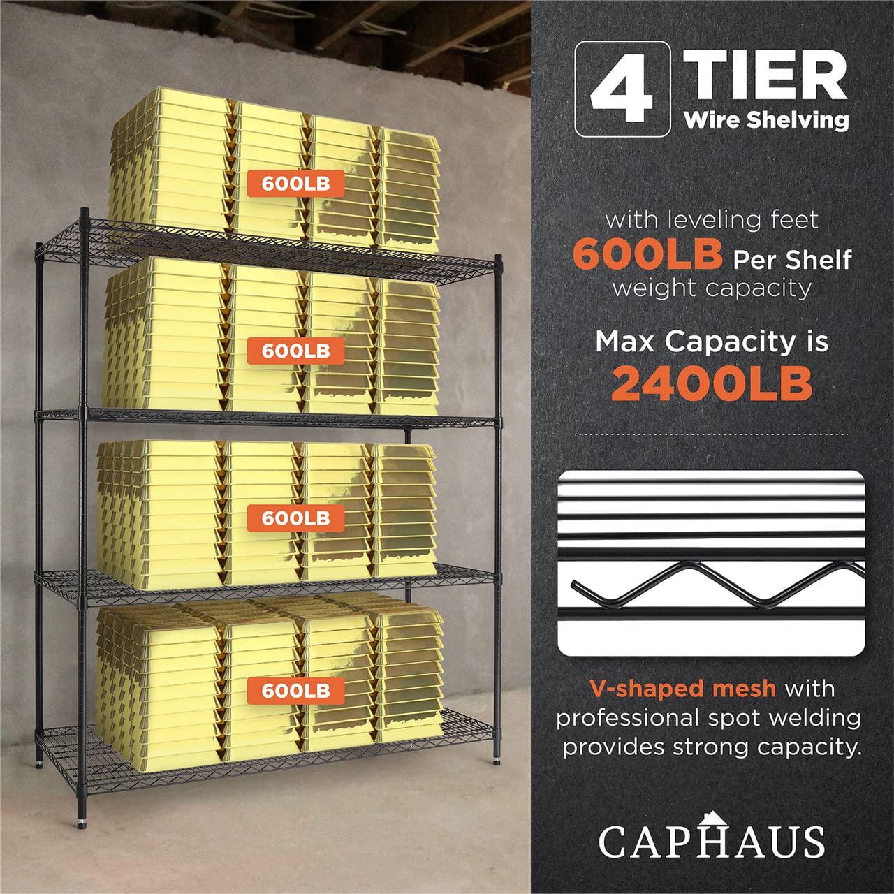 CAPHAUS 4-Tier Commercial Grade Heavy Duty Adjustable Height Wire Shelving w/Wheels & Leveling Feet, Storage Metal Steel Shelf, Garage Shelving - WoodArtSupply