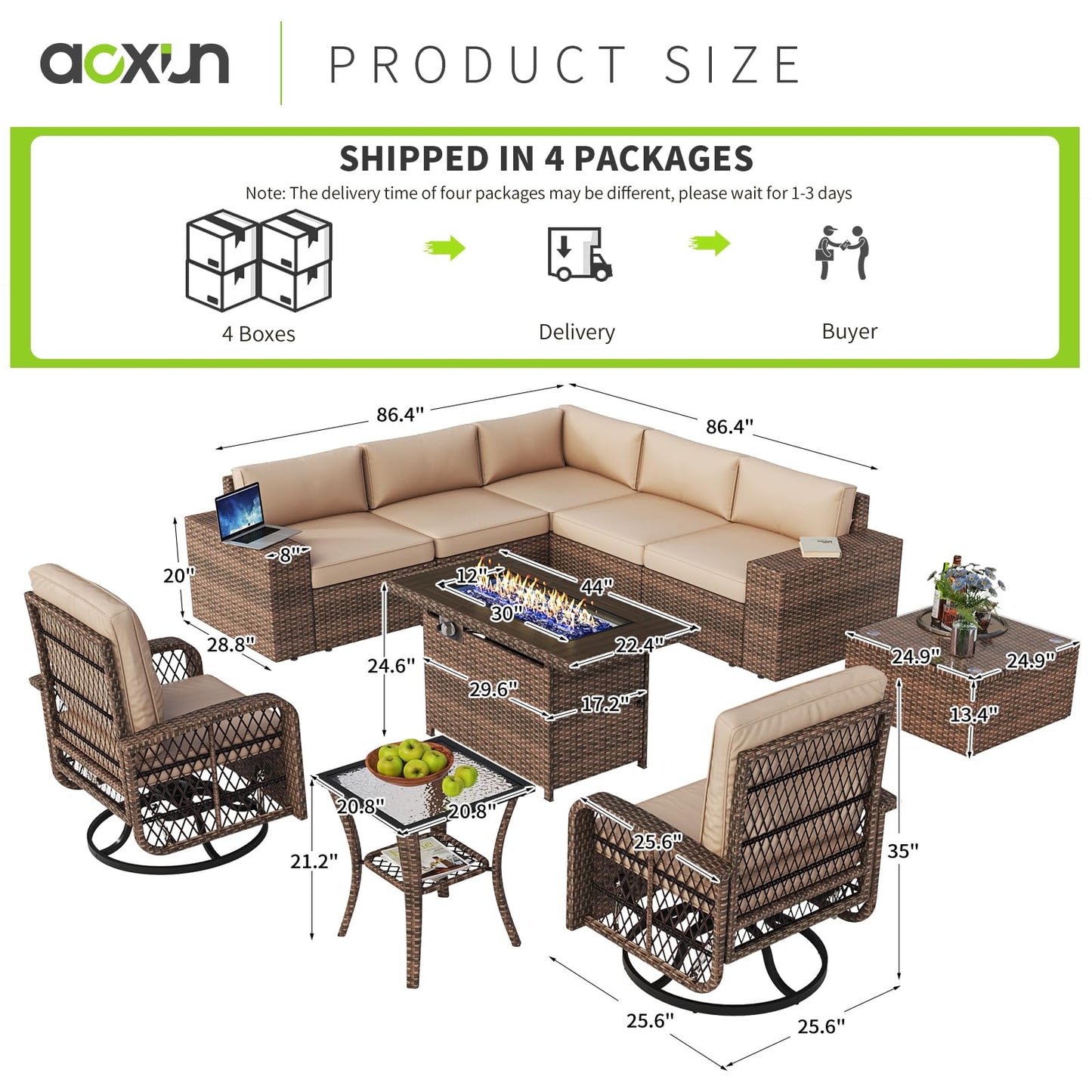 Aoxun 10 Pieces Patio Furniture Set Wicker Rattan Outdoor Furniture with Fire Pit Table Patio Sectional Sofa with Swivel Rocking Chairs for Deck, Backyard and Garden (Beige)