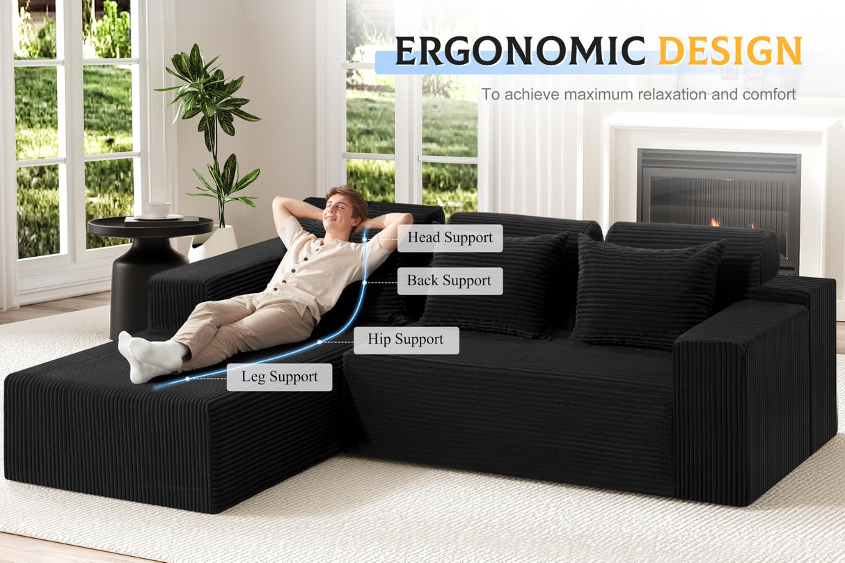 Modular Sectional Couches for Living Room,105" Cloud Couch with L-Shape Chaise,Comfy Sofa Living Room Sofas with Deep Seat,No Assembly L Couch,Corduroy Fabric(Black,L) Homguava