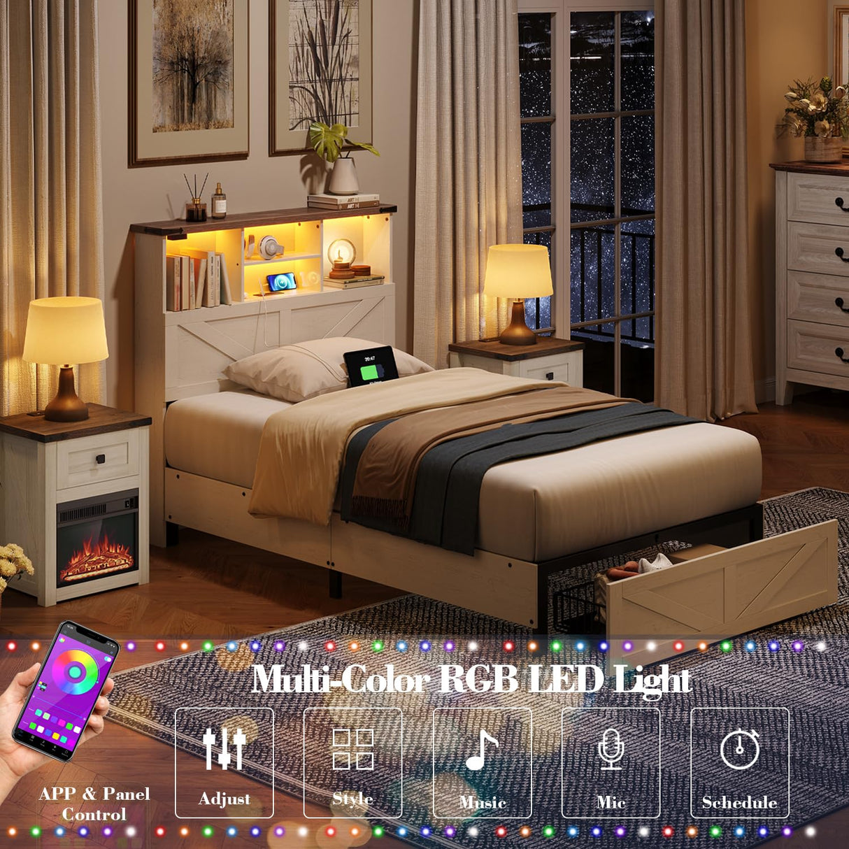 ROCHECASA Twin Bed Frame with Bookshelf, Bookcase High Headboard with Charging Station and LED Light, Farmhouse Bed with Storage Drawers, No Box Spring Needed, Noise Free, Easy Assembly, Antique White ROCHECASA