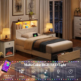 ROCHECASA Twin Bed Frame with Bookshelf, Bookcase High Headboard with Charging Station and LED Light, Farmhouse Bed with Storage Drawers, No Box Spring Needed, Noise Free, Easy Assembly, Antique White ROCHECASA