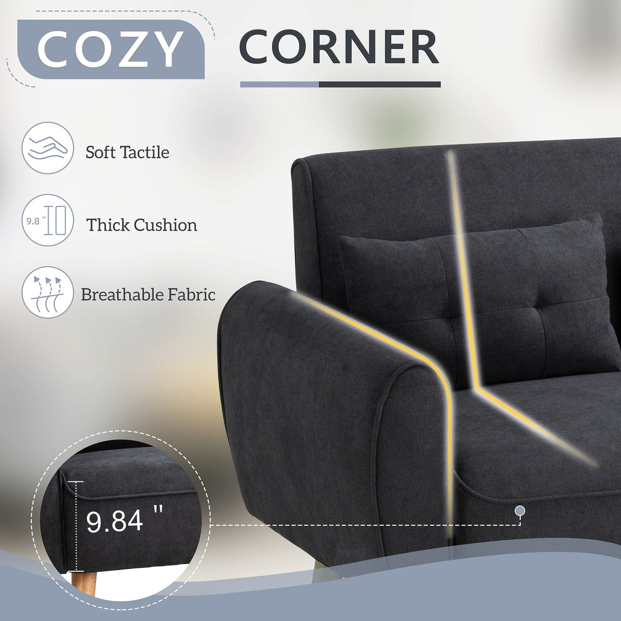 Shintenchi Small Modern Loveseat Couch Sofa, Mid Century Fabric Upholstered 2-Seat Sofa Couch Love Seats Furniture for Small Space,Living Room,Studio,Apartment with 2 Pillows,Black Shintenchi