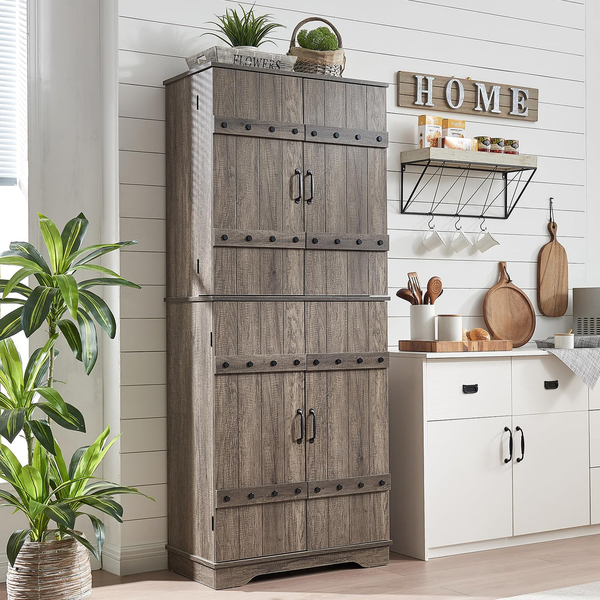 LUXOAK 72" Tall Farmhouse Kitchen Pantry with Rivet Barn Doors, Rustic Wood Cupboard Storage Cabinet/w Drawer & Adjustable Shelves for Dining Living Room, Bathroom & Hallway, Rustic Gray LUXOAK