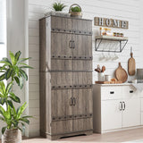 LUXOAK 72" Tall Farmhouse Kitchen Pantry with Rivet Barn Doors, Rustic Wood Cupboard Storage Cabinet/w Drawer & Adjustable Shelves for Dining Living Room, Bathroom & Hallway, Rustic Gray LUXOAK