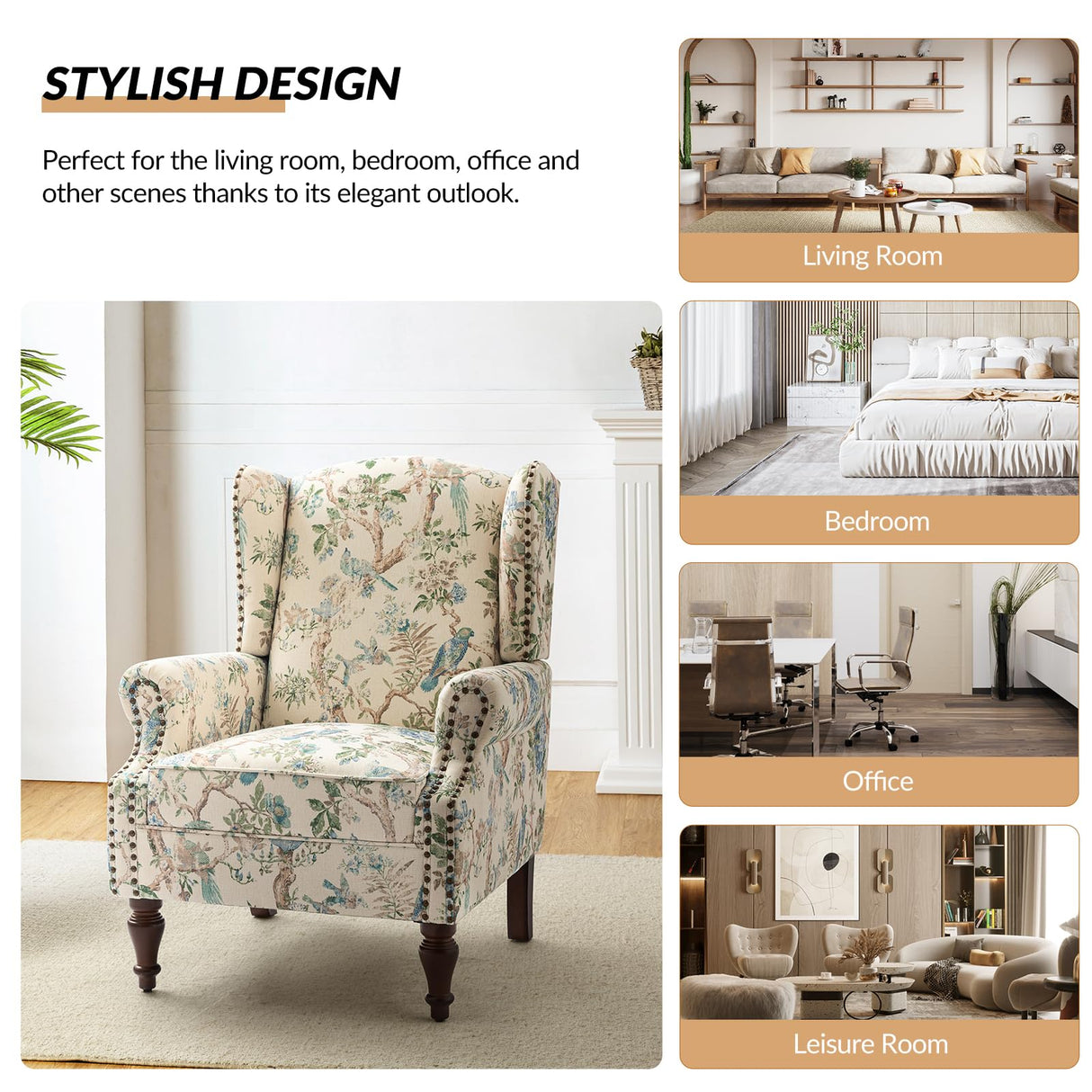 HULALA HOME Wingback Accent Chair with Floral Pattern Design, Traditional Fabric Armchair with Nailhead Trim and Retro Wooden Legs, Bird HULALA HOME