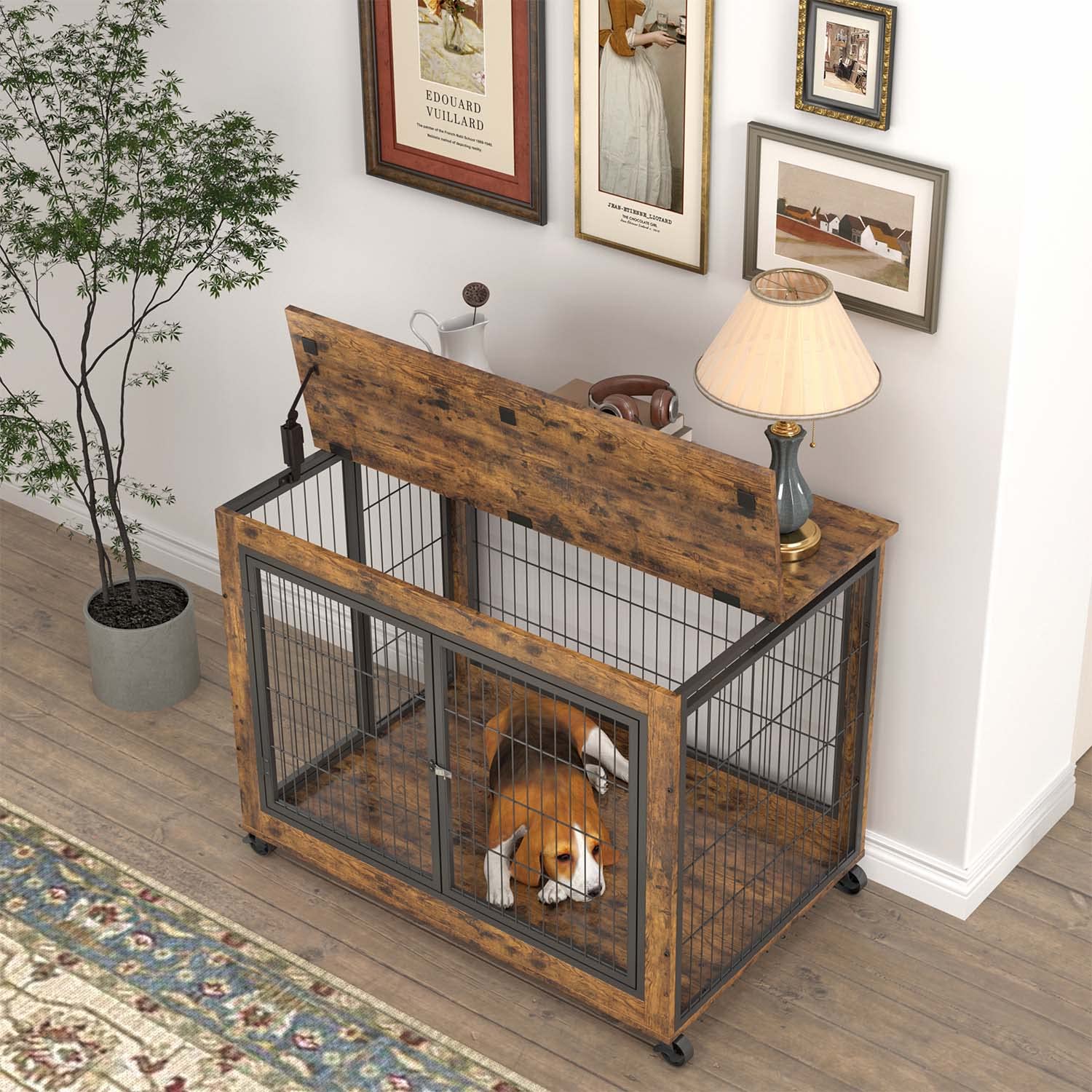 IchbinGo Wooden Dog Crate Table Furniture, 38.5" Dog Kennel with 3 Doors, Flip-up Top Opening and Wheels, Decorative Pet Crate Dog House for Large/Medium/Small Dog Indoor Use (Rustic Brown) - WoodArtSupply