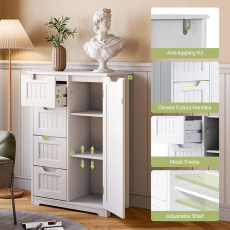 Gizoon 33" Small Kitchen Pantry Storage Cabinet with Door and Shelves, Pantry Cabinet Storage Cupboard, Freestanding Wooden Dresser with 4 Drawers for Bathroom and Dining Room, White Gizoon