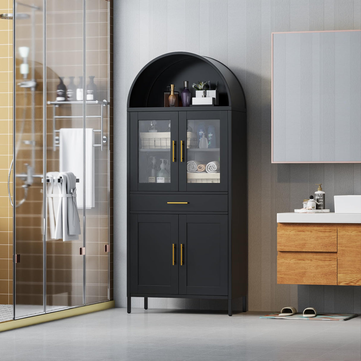 GangMei 73'' Tall Arched Cabinet, Arched Kitchen Pantry Storage Cabinet with Doors/Shelves/Drawers, Modern Arched Bookcase Display Cabinet for Home Office Bar Living Room (Black) GangMei