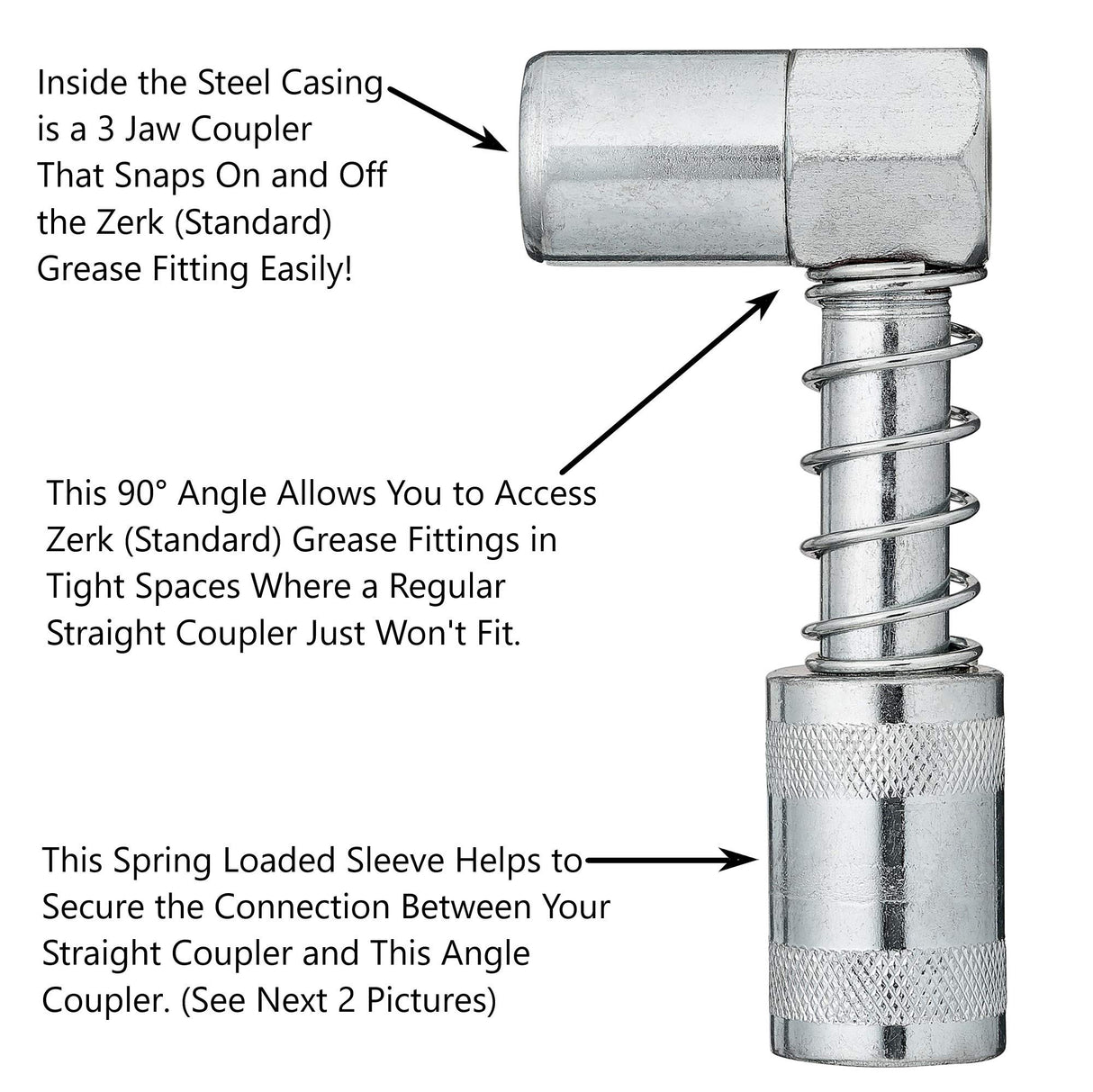 Slippery Pete 90 Degree Grease Coupler Snaps on to Grease Fittings in Tight Spaces Slippery Pete