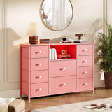 Dresser for Bedroom with 10 Drawers, Pink Storage Organizer TV Stand for 55" TV with LED Lights and Sockets, Fabric Chest of Drawers with PU Finish for Kid Room, Entryway, Living Room, Hallway LIWEIJIA