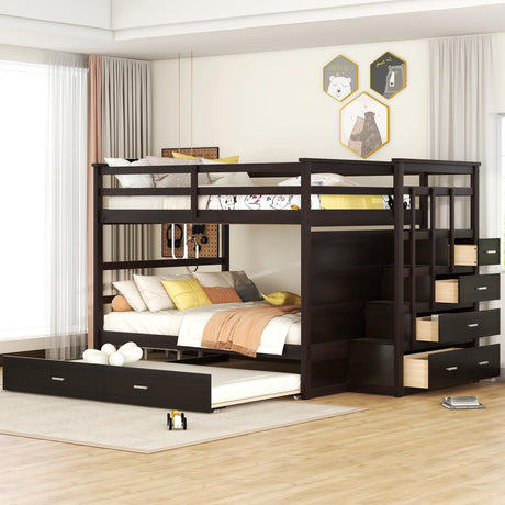 Harper & Bright Designs Full Over Full Bunk Bed with Storage, Wooden Bunk Bed with Trundle and Staircase - Espresso Harper & Bright Designs
