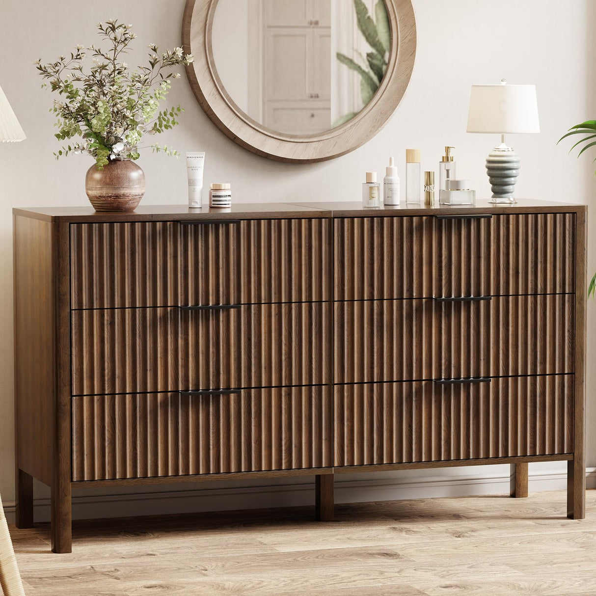 55" Wide Fluted 6 Drawer Dresser for Bedroom, Wooden Dresser Modern Chest of Drawers TV Stand Dressers with Organizer Storage for Bedroom, Living Room, Entryway, Hallway, Walnut MODNEST