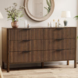 55" Wide Fluted 6 Drawer Dresser for Bedroom, Wooden Dresser Modern Chest of Drawers TV Stand Dressers with Organizer Storage for Bedroom, Living Room, Entryway, Hallway, Walnut MODNEST