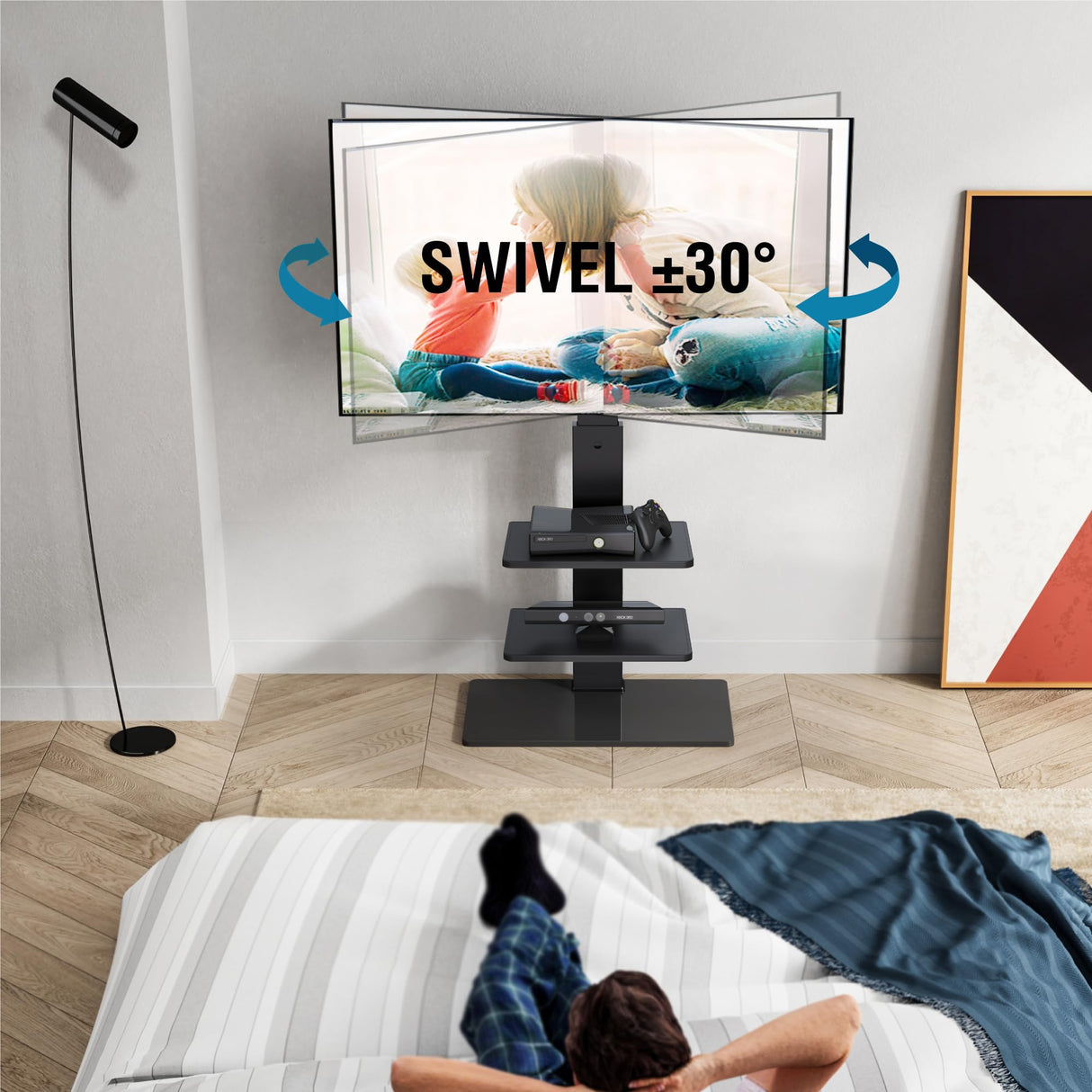 FITUEYES Swivel Floor TV Stand with Mount for TVs 37 43 50 55 60 65 70 75 Inch LCD LED Flat/Curved Screens Universal Swivel Televisions TV Mount Stand for Bedroom Living Room Black Tempered Glass Base FITUEYES