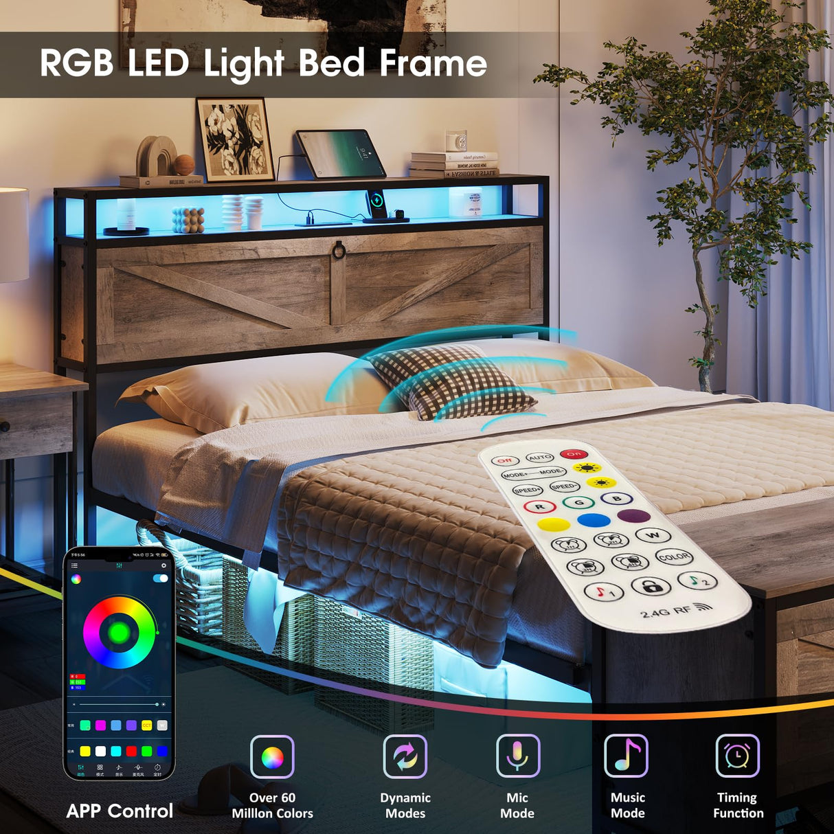 Fameill Queen Size Bed Frame with Storage Ottoman and 2 Drawers, Farmhouse Metal Platform Bed with Headboard, LED Lights and Charging Station, No Box Spring Needed, Noise Free, Gray Fameill