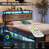 Fameill Queen Size Bed Frame with Storage Ottoman and 2 Drawers, Farmhouse Metal Platform Bed with Headboard, LED Lights and Charging Station, No Box Spring Needed, Noise Free, Gray Fameill