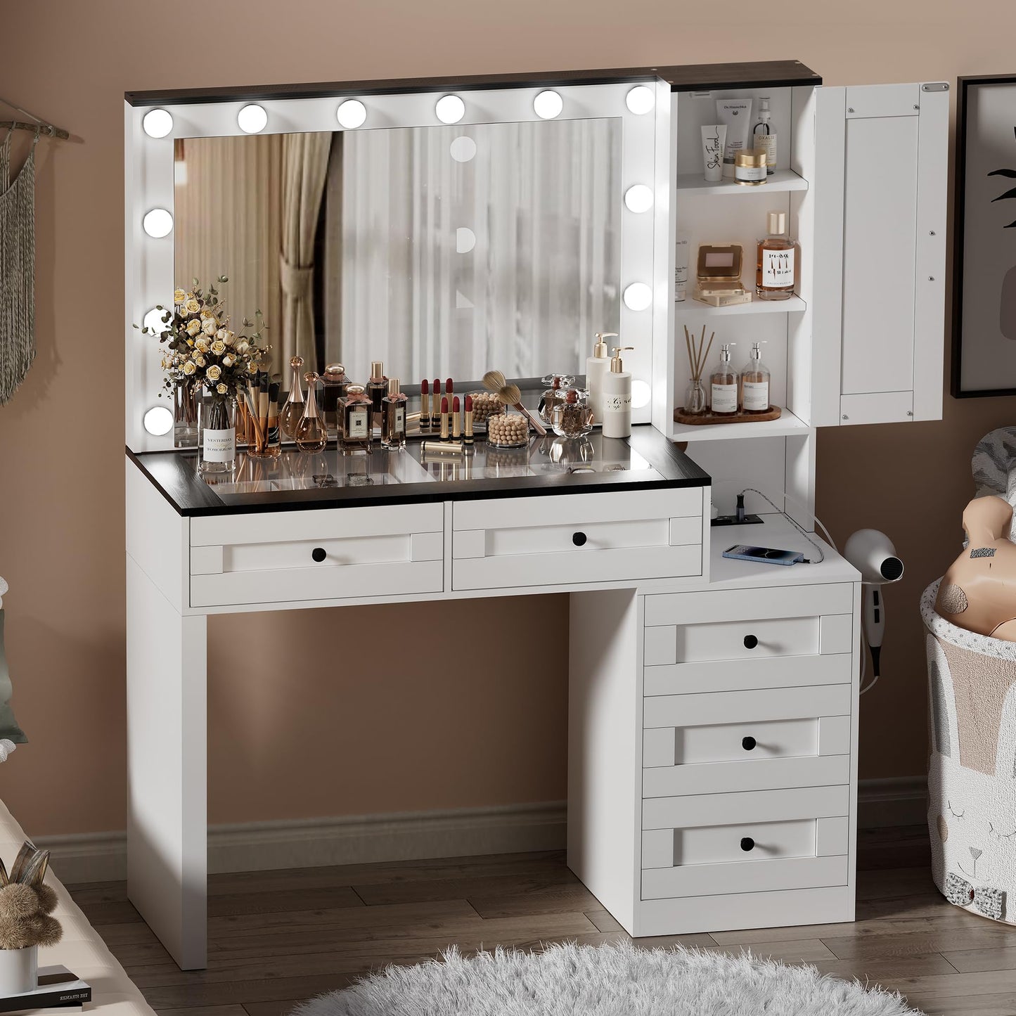 PAKASEPT Farmhouse Vanity Makeup Desk with Mirror and Lights, Glass Tabletop Vanity Desk with Drawers, Charging Station, Cabinet, Modern Vanity Table with Storage Bench for Bedroom, White - WoodArtSupply