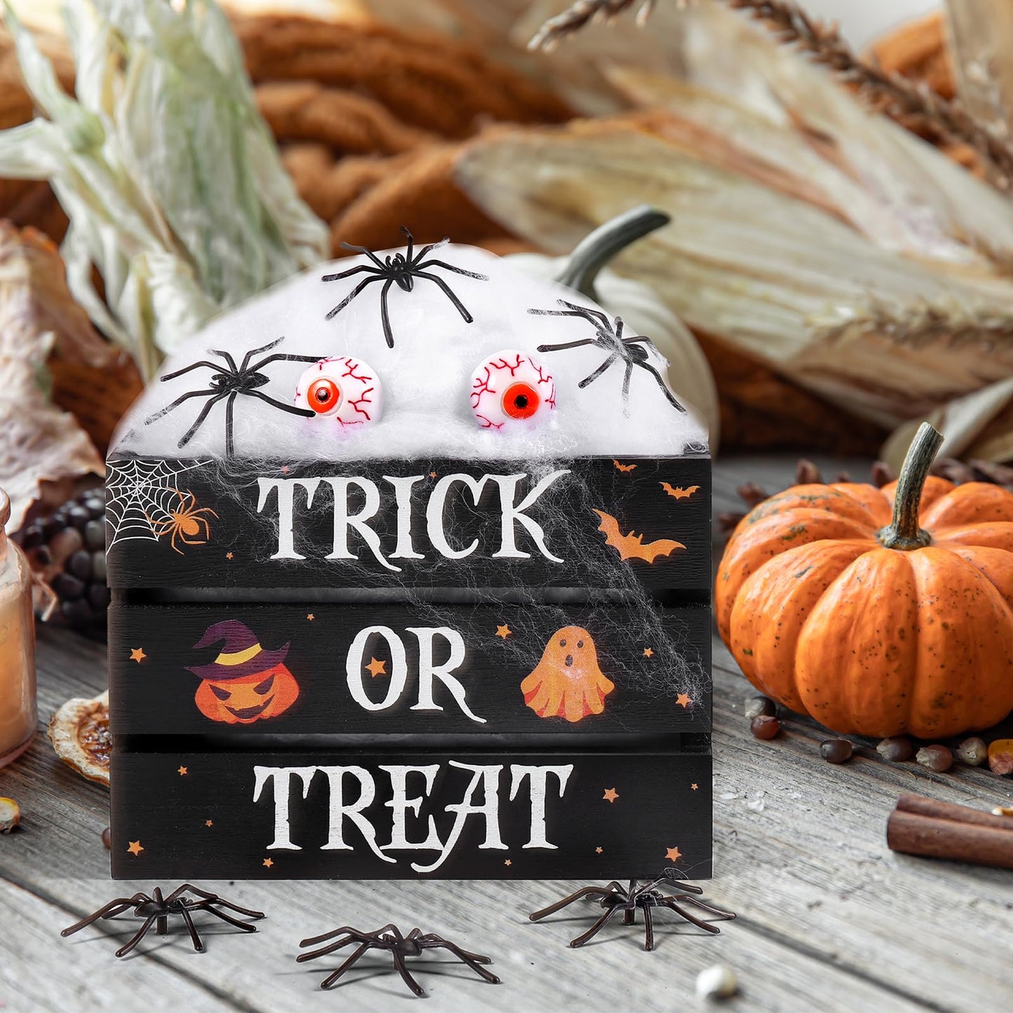 Halloween Mini Trick or Treat Wooden Crate, Decorative Wood Crates Box Wooden Storage Box with Spider Cotton 6 Spider and 2 Eyeballs for Tiered Tray Shelf Table Kitchen Home Halloween Decor