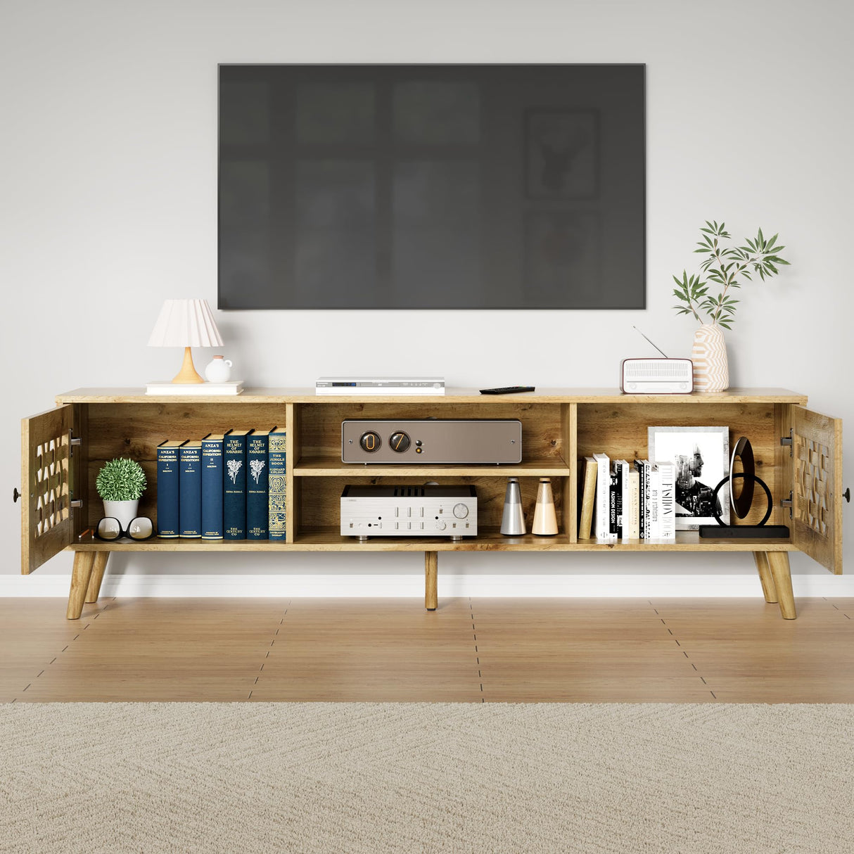 RoyalCraft 63'' TV Stand with Storage, Wood TV Entertainment Center for 65 inch TV, Mid Century Modern TV Entertainment Center with Storage, TV Consoles Cabinets for Living Room RoyalCraft