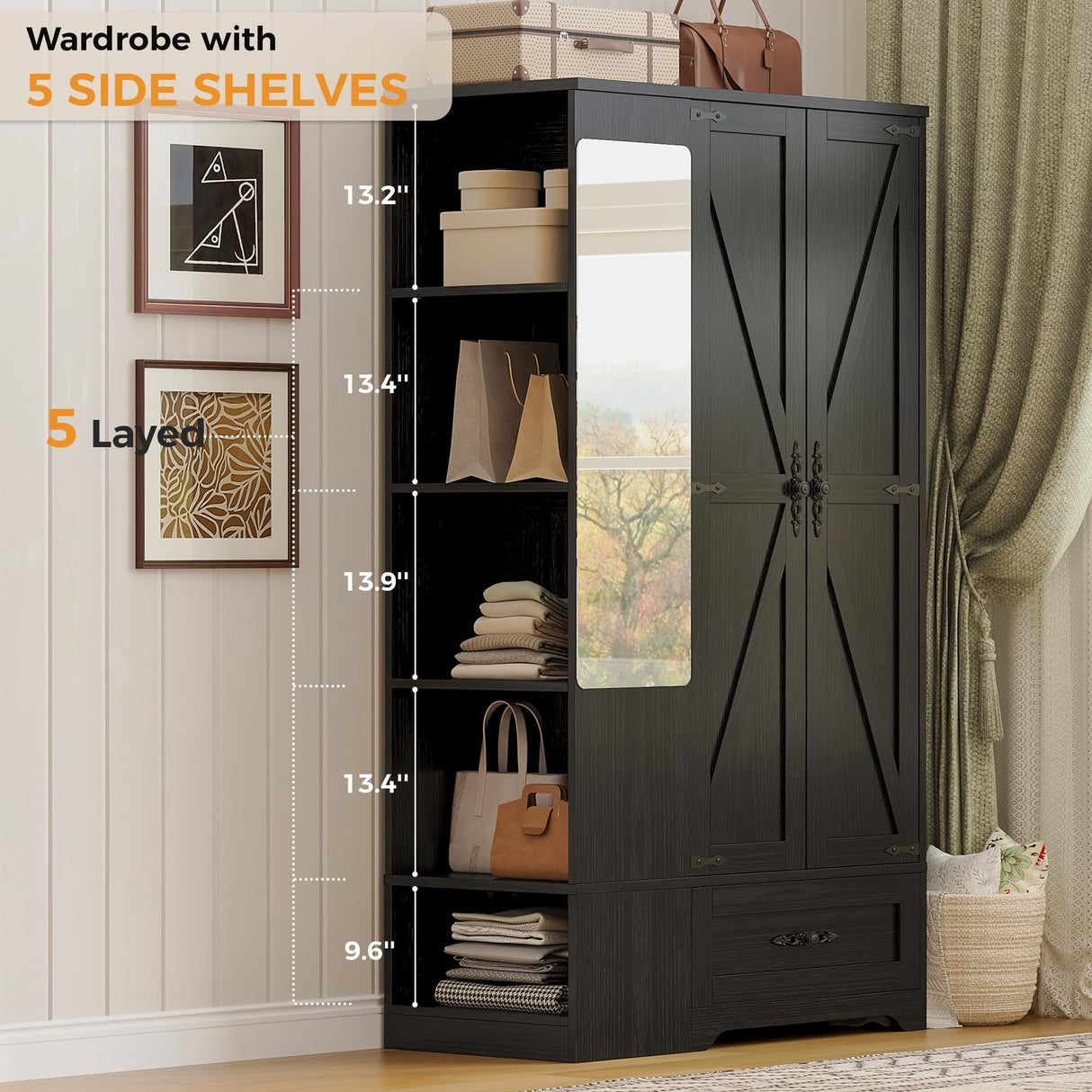 ANCTOR Armoire Wardrobe Closet with Mirror, 70" H Wooden Bedroom Armoires and Wardrobes with 2 Doors, 5 Shelves, Hooks and Drawer, Clothing Storage Cabinet with Hanging Rod, Black ANCTOR