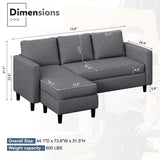 JAMFLY L Shaped Couch Sofa for Living Room, Small Sectional Sofa Couch with Breathable Fabric, Reversible Chaise, Dark Grey JAMFLY