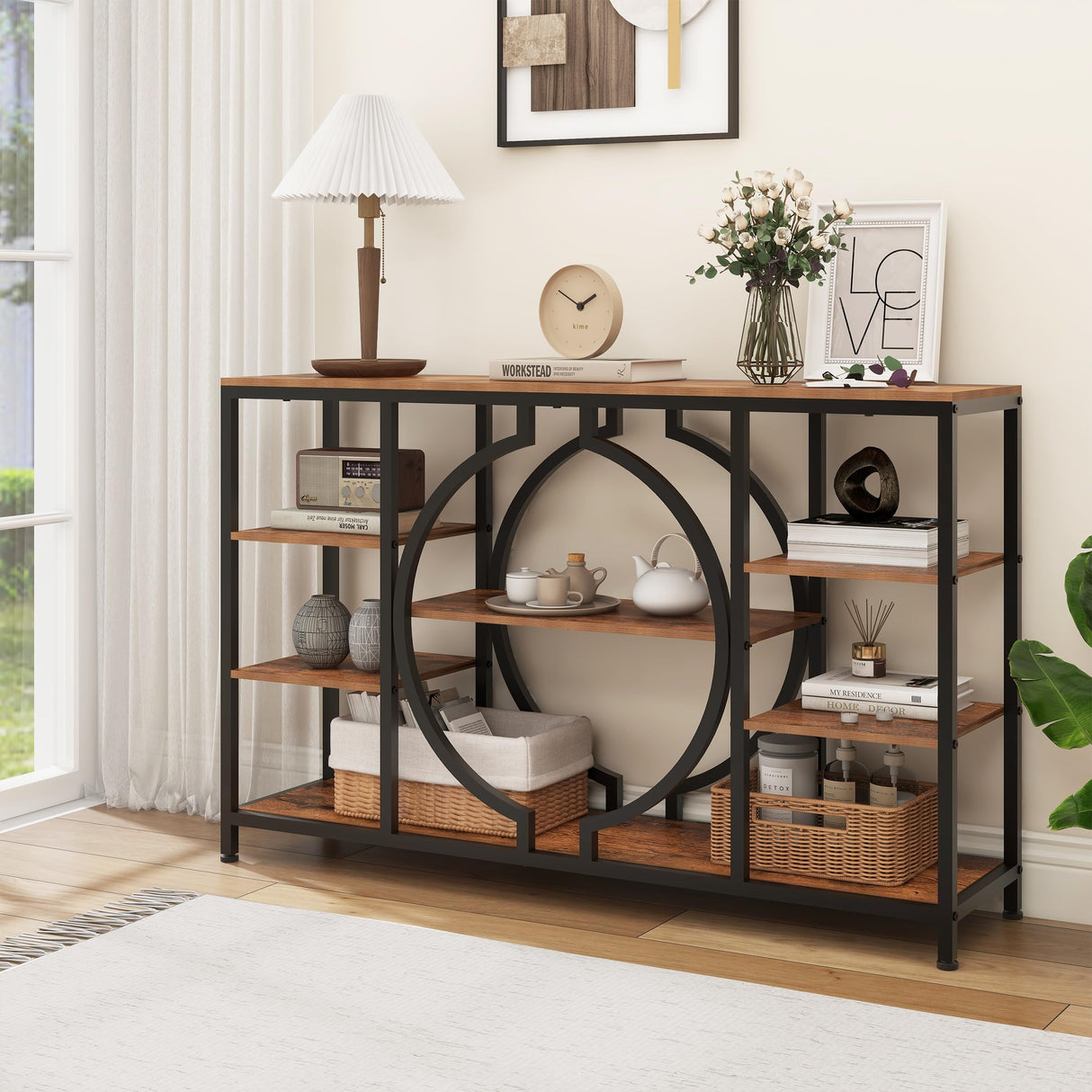 GiftGo 47" Industrial Console Tables for Entryway Rustic Sofa Table Behind Couch 4 Tier Wooden Shelves Entry Table with Storage for Foyer, Hallway, Front Door,Living Room (Rustic Brown, 47") GiftGo